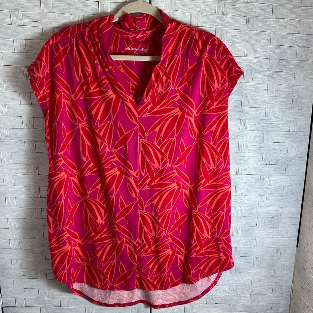 Soft surroundings Womens cap sleeve T-shirt tropical pink orange summer travel